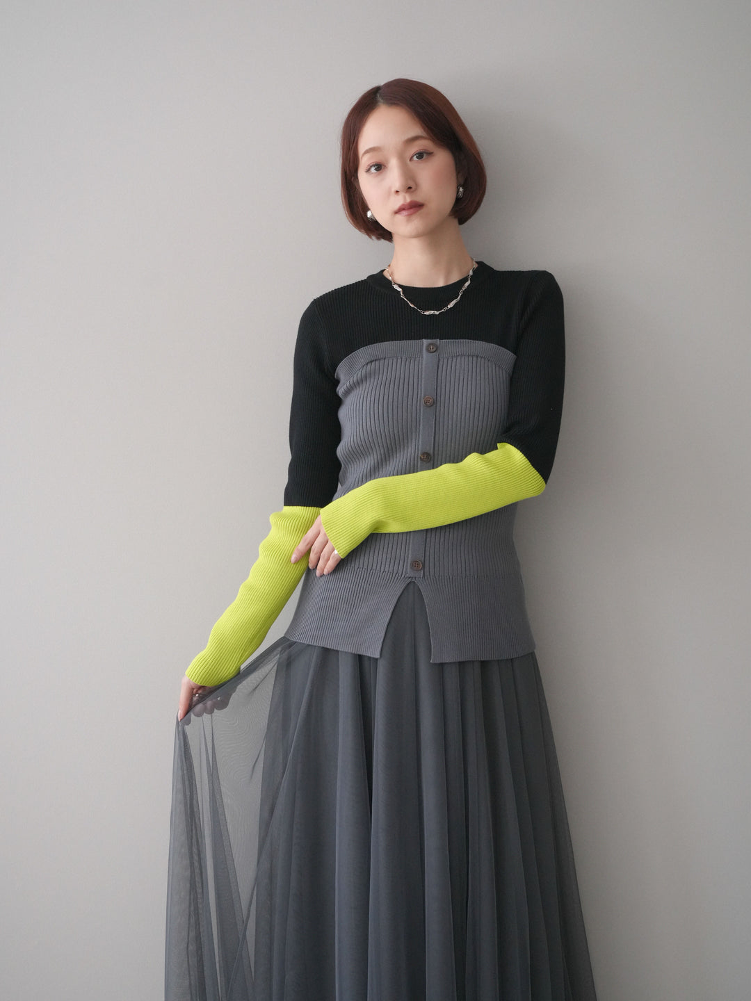 [SET]配色ビスチェドッキングリブニットトップス+選べるアクセセット(2set)