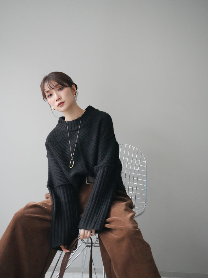 [予約]編み地切替ボトルネックニットプルオーバー/black