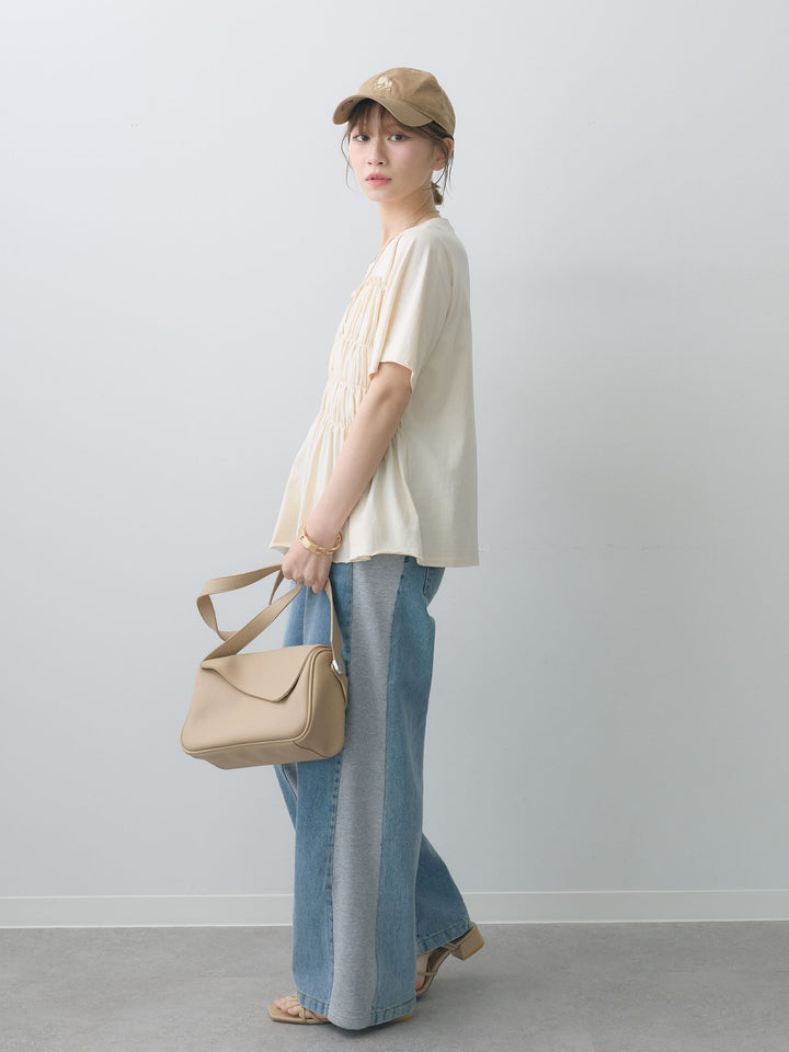 [SET]クールタッチシャーリングTEE+デニム切替スウェットパンツ(2set)