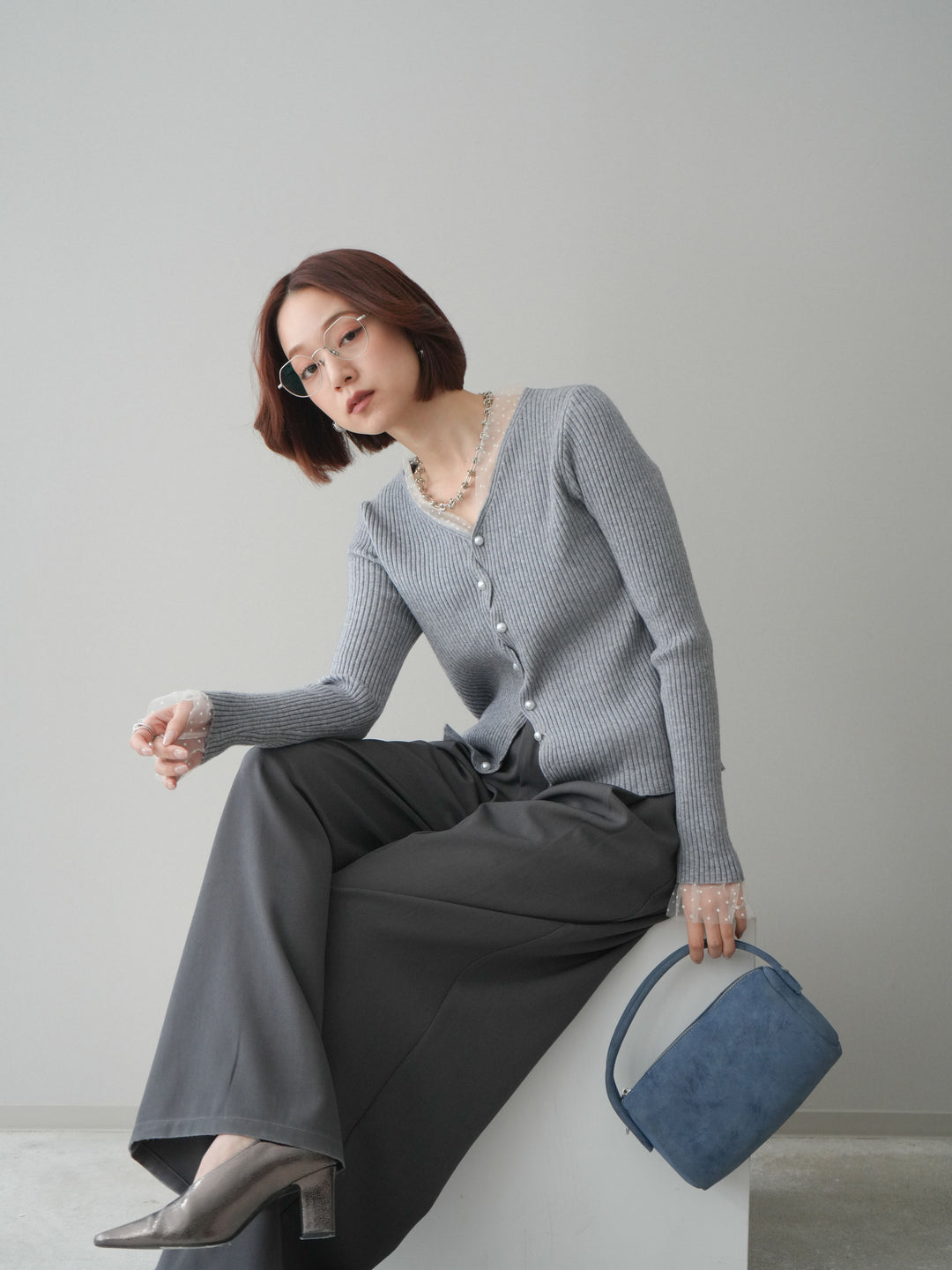 [SET]チュールドッキングパールボタンニットカーディガン+選べるアクセセット(2set)