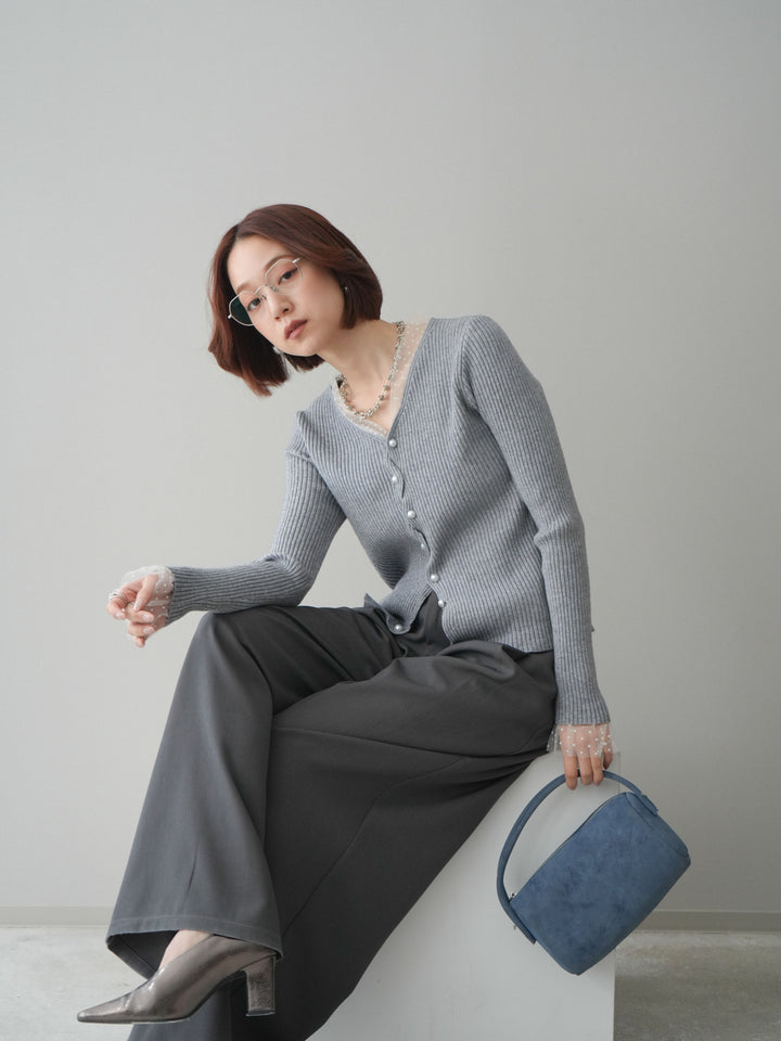 [SET]チュールドッキングパールボタンニットカーディガン+選べるアクセセット(2set)