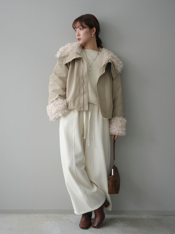 [SET]プードルファーダウンジャケット+アンゴラタッチボートネッククロップドプルオーバー+ウエストベルトカーブラインスエットパンツ(3set)