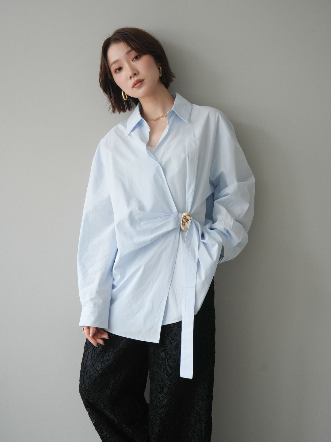 [SET]メタルパーツドレープシャツ+シアーコードレースイージーパンツ(2set)