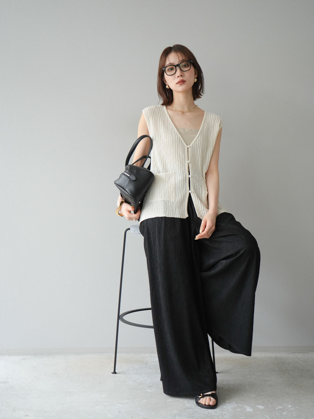 [SET] 波浪夏季針織背心+柳葉寬腿褲（2件套）