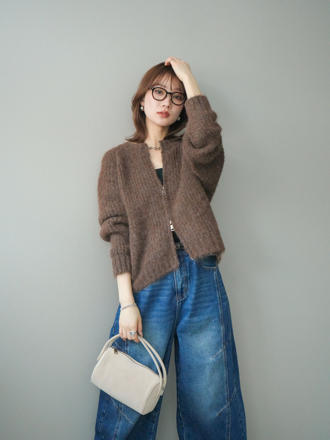 [予約]MIXヤーンモヘアタッチZIPニットカーディガン/brown