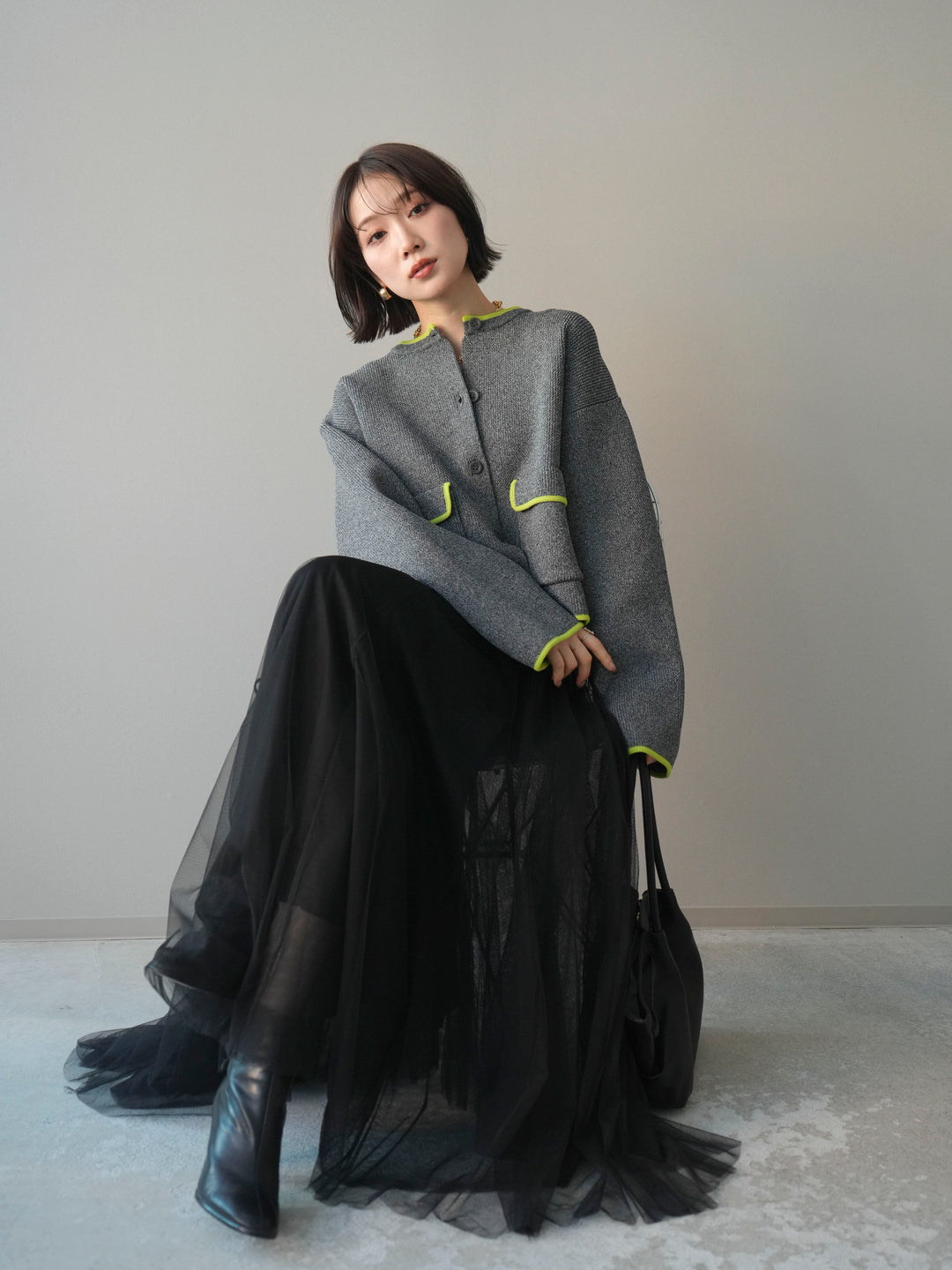 [SET]ポリエステル配色ニットカーディガン+チュールボリュームスカート(2set)