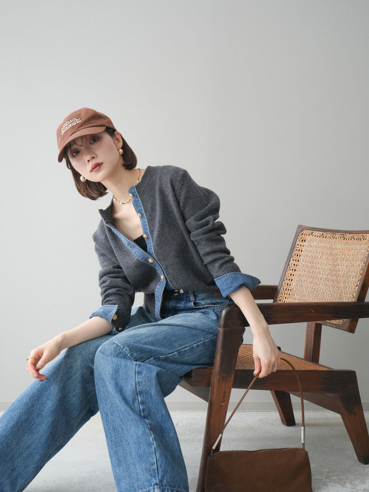 [SET]クルーネックデニムドッキングニットカーディガン+選べるアクセセット(2set)