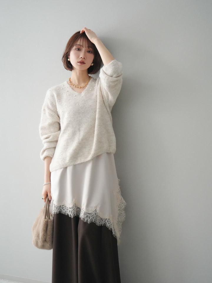 [SET]パール×ビジューVネックニットプルオーバー+アシンメトリーサテンレースキャミソール+テープベルトタックバギーパンツ(3set)