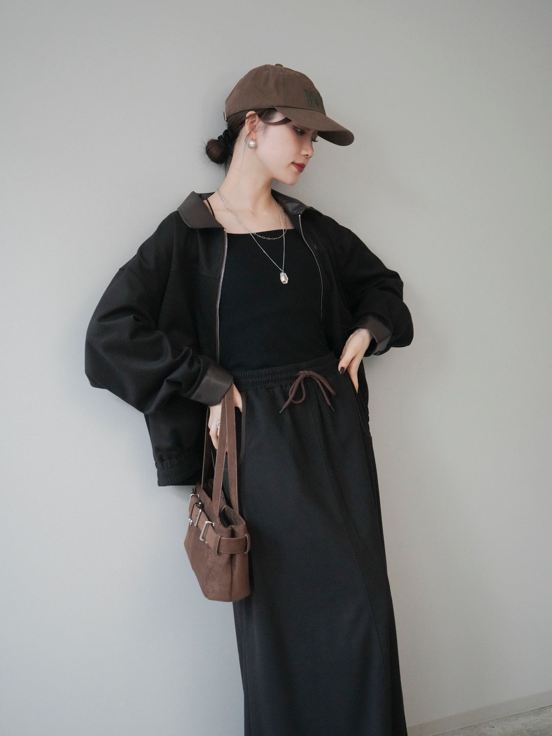 [予約]レザー襟配色パイピングブルゾン/black