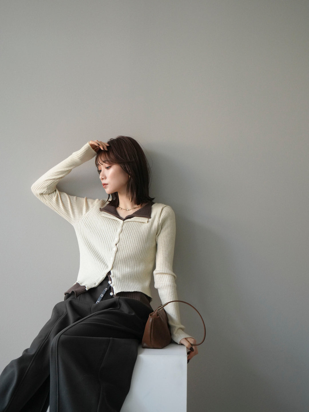 [予約]配色レイヤードリブニットカーディガン/ivory