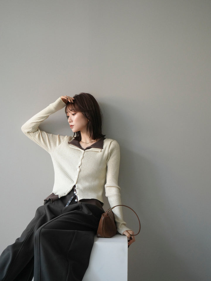 [予約]配色レイヤードリブニットカーディガン/ivory