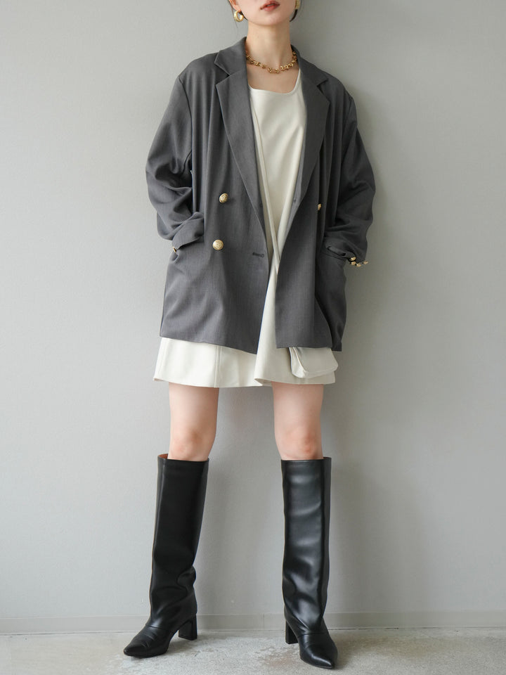 [SET]ゴールドボタンツイルダブルテーラードジャケット+ショルダーポーチ付スウェードミニワンピース(2set)