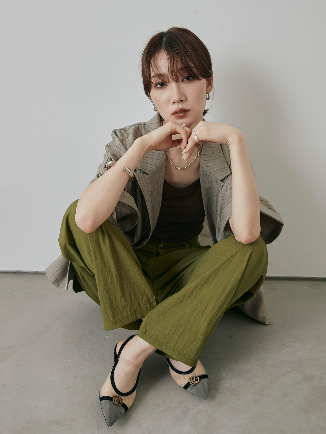 [予約]バックオーガンジーヘリンボーンストライプハーフジャケット/グレージュ