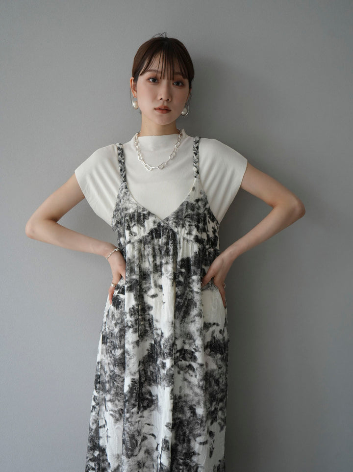 [Pre-order] Damaged Nuance Pattern Braided String Cami Dress/White