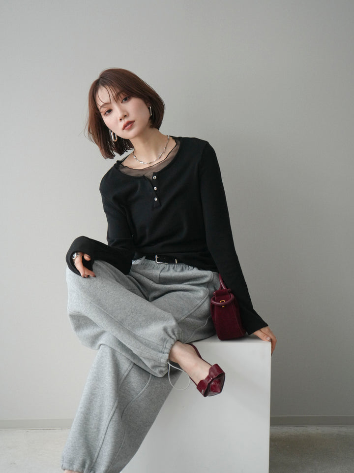 [予約]チュールレイヤードヘンリーネックカットソー/black