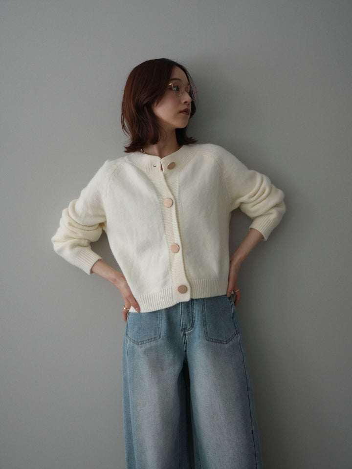 [SET]BIGボタンニットカーディガン+ベルト付裏起毛カーブデニムパンツ(2set)