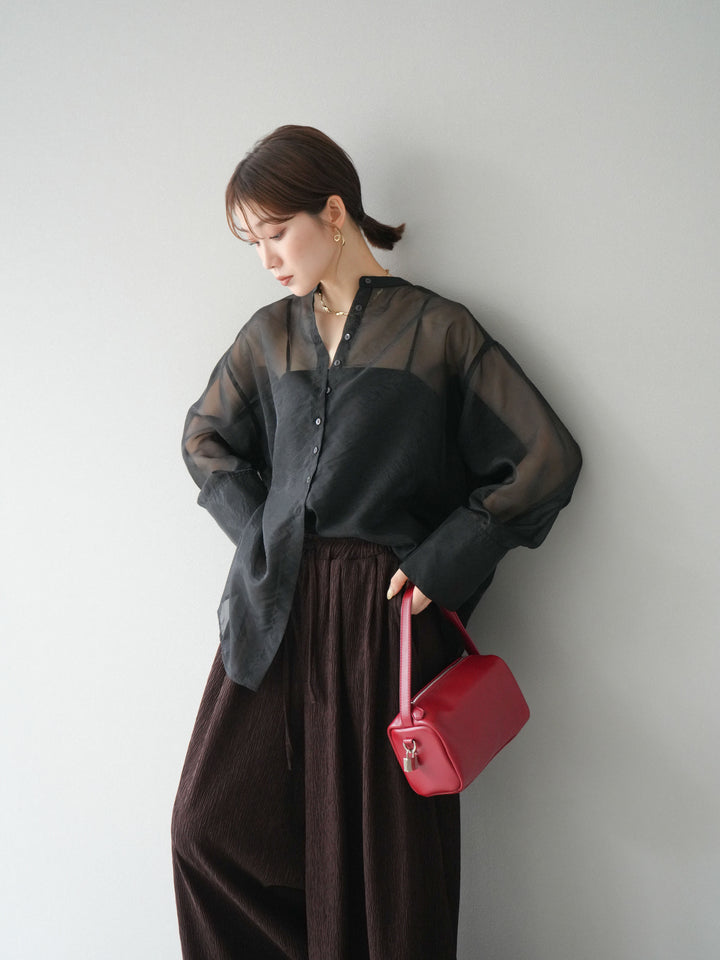 [SET] 亮面透視立領襯衫 + 柳葉寬褲 (2set)