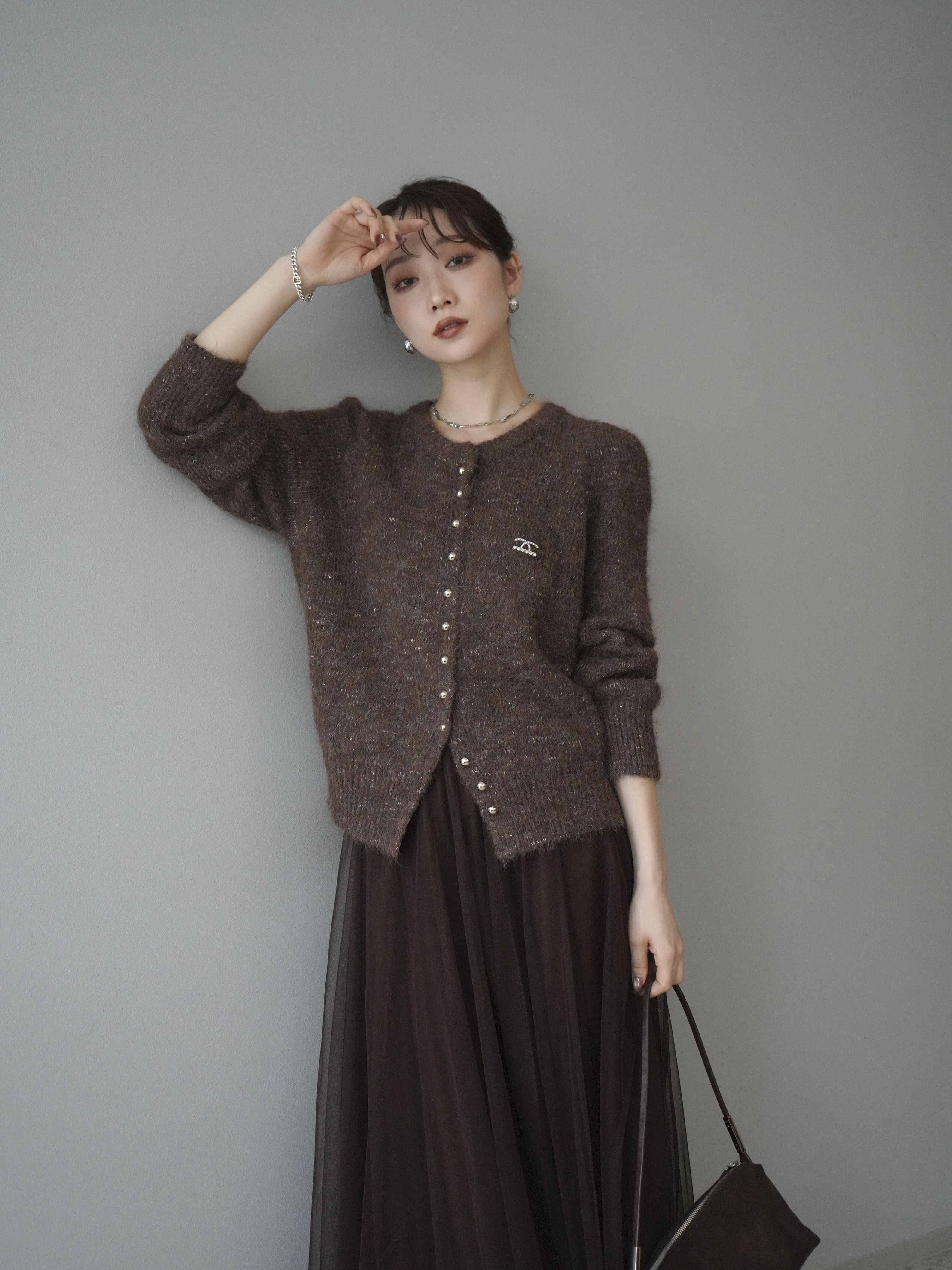 予約]モチーフ付silverボタンミックスニットカーディガン/brown – Lumier