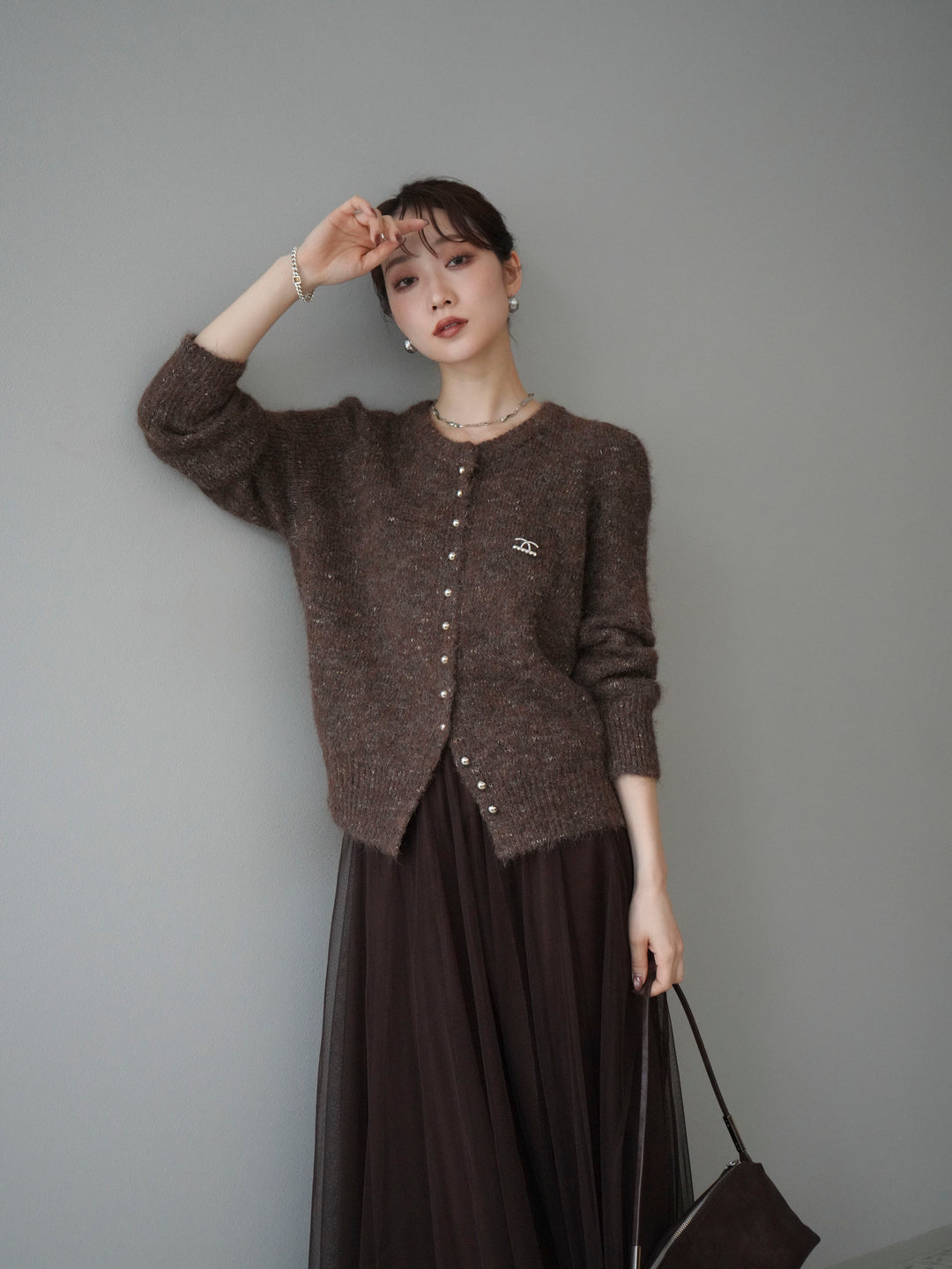 [予約]ブローチ付silverボタンミックスニットカーディガン/brown