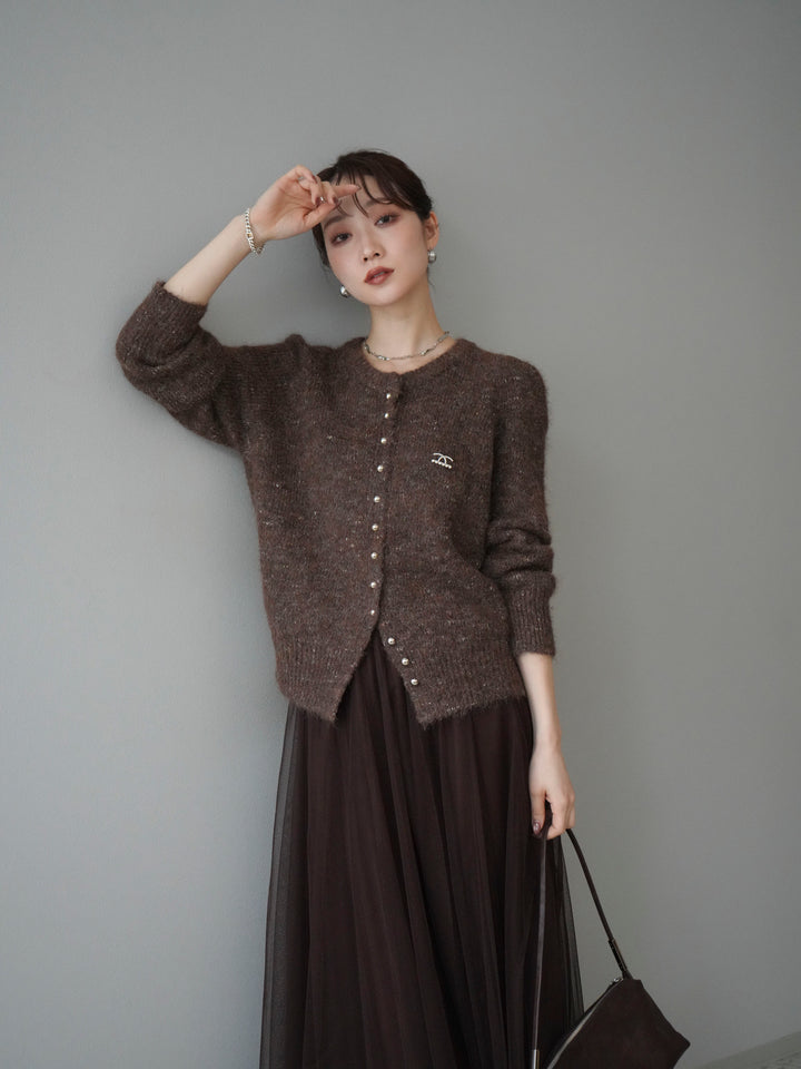 [予約]ブローチ付silverボタンミックスニットカーディガン/brown