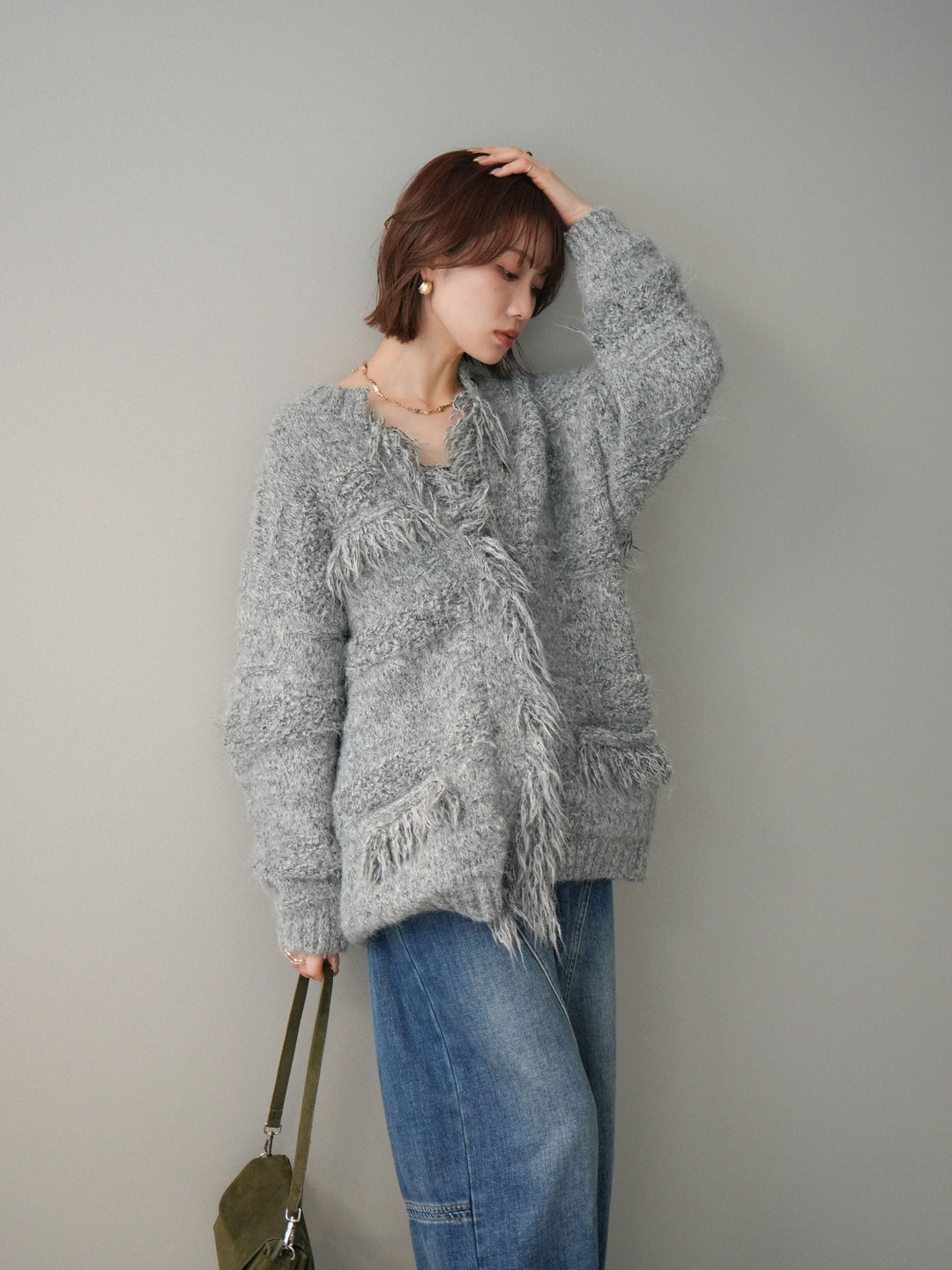 [SET]ミックスヤーンフリンジデザインニットジャケット+裏起毛加工デニムカーブパンツ(2set)