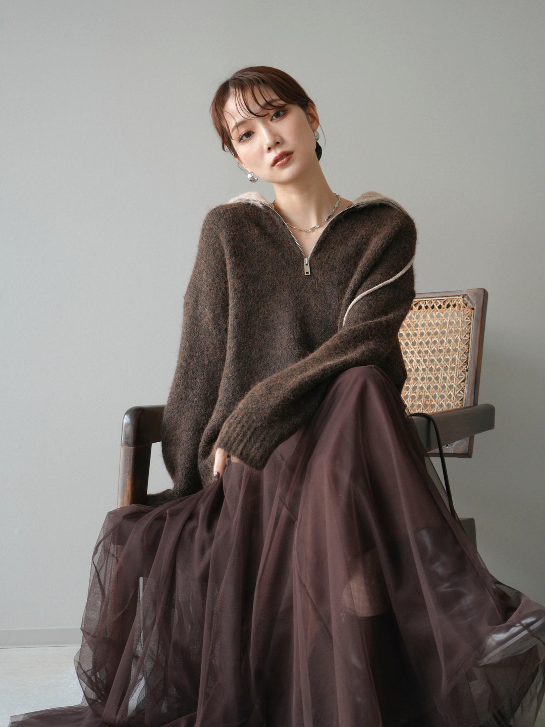 [予約]バイカラージップニットプルオーバー/brown