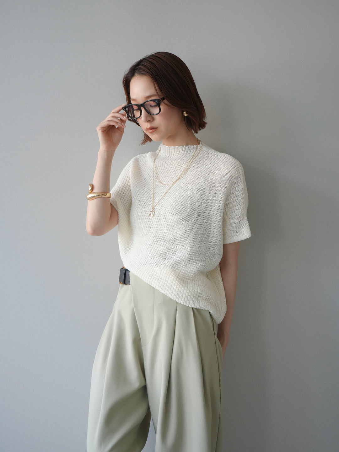 [SET]アシンメトリーローゲージニットトップス+アシンメトリーベルトタックワイドパンツ(2set)