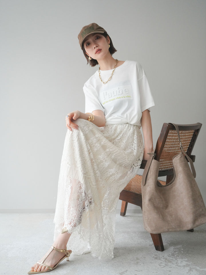 [SET]エンボスロゴTEE+裏プリーツ総レースロングスカート(2set)