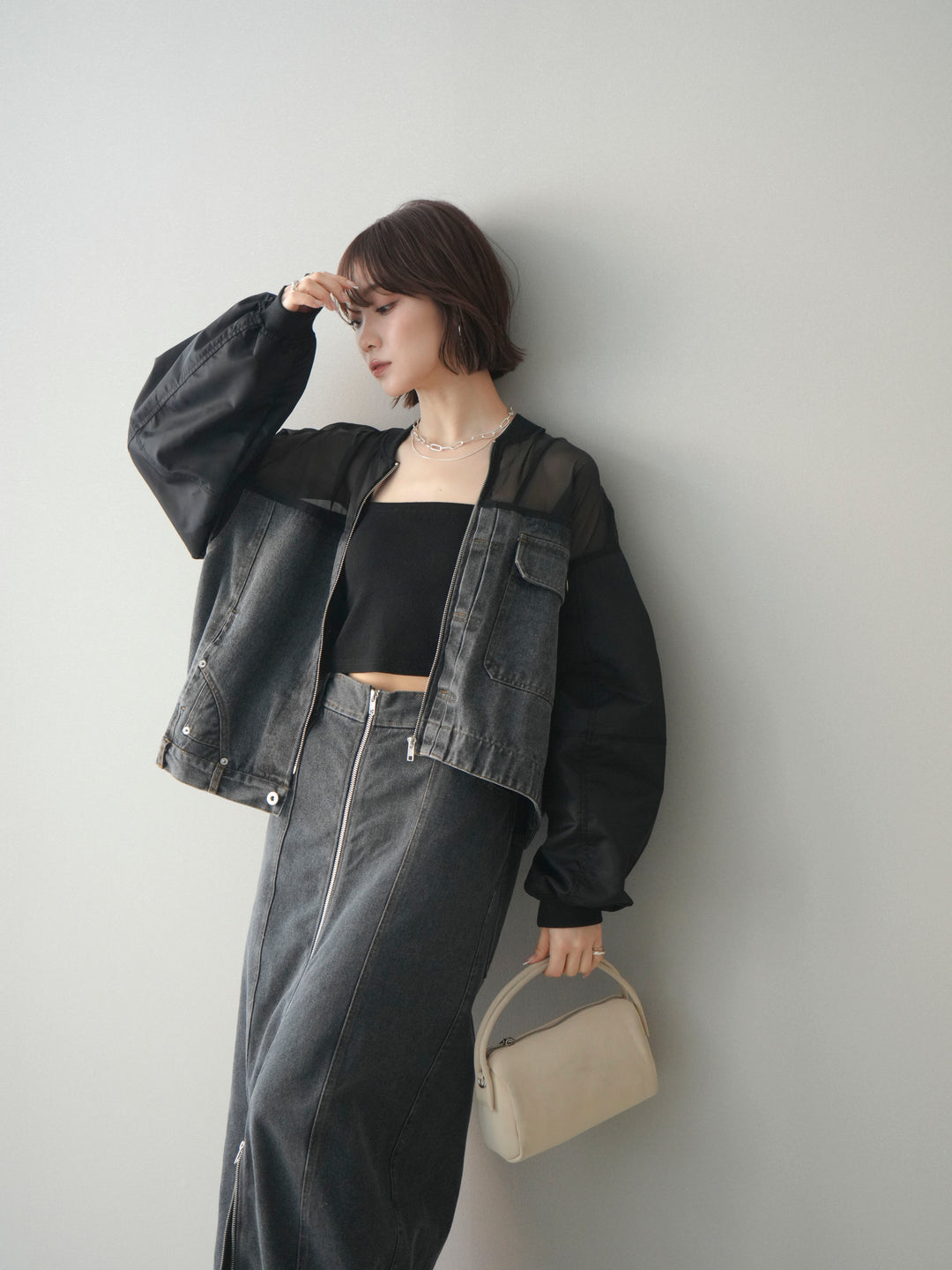 [SET]異素材デニムブルゾン+フロントジップデニムスカート(2set)