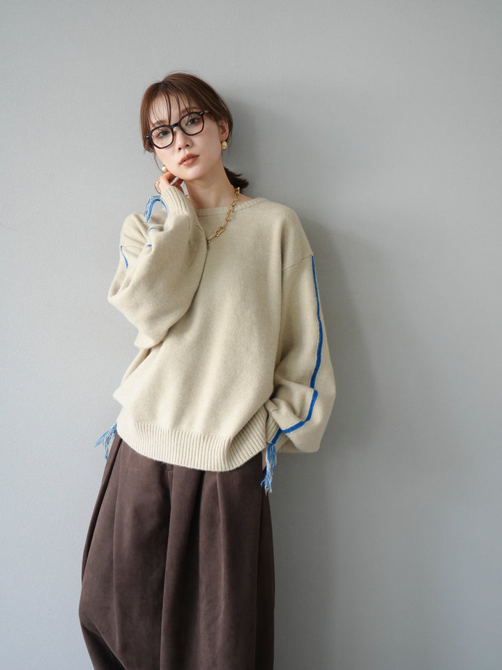 [予約]配色ステッチフリンジニットプルオーバー /アイボリー