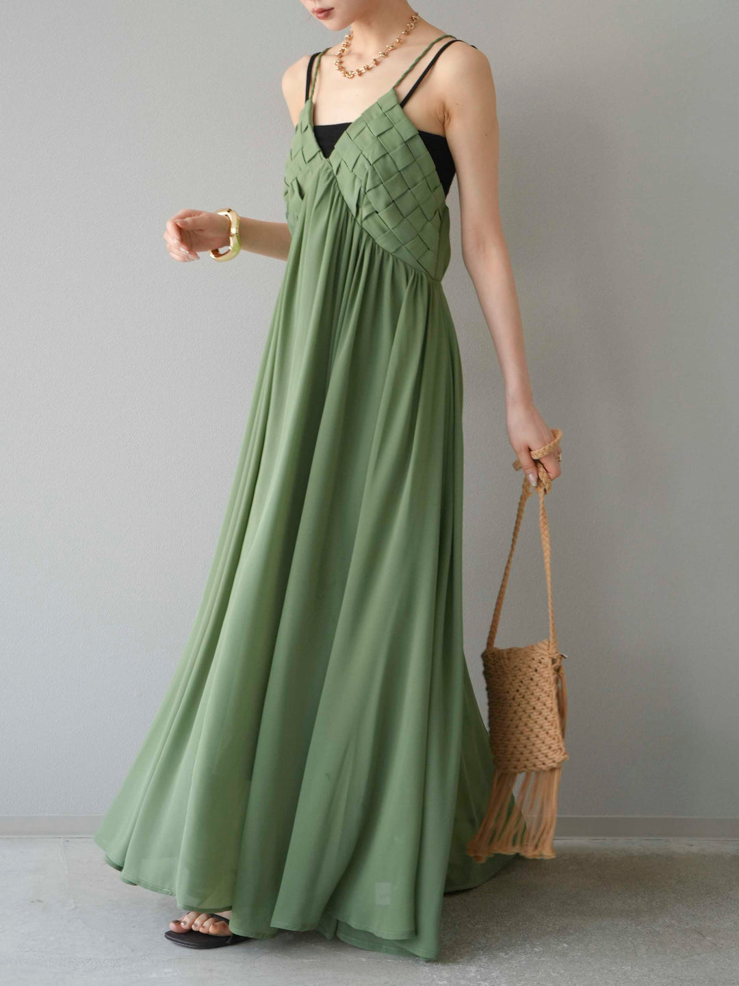 [予約]編み込みデザインシフォンワンピース/グリーン