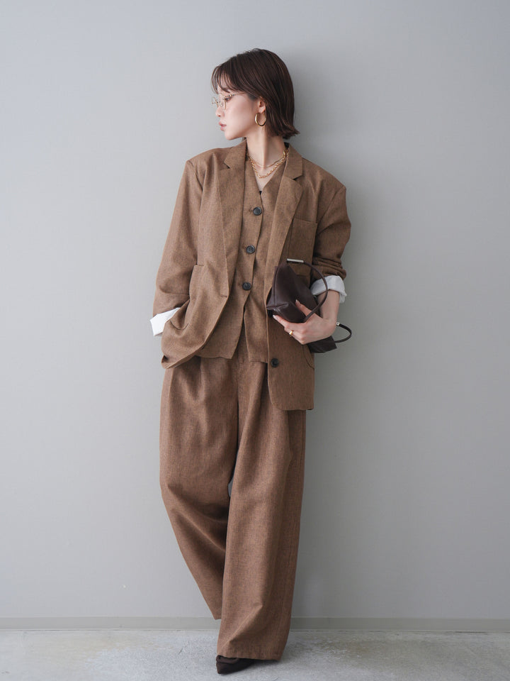 [SET]リネンライクテーラードジャケット+リネンライクバックオープンジレ+リネンライクタックワイドパンツ(3set)
