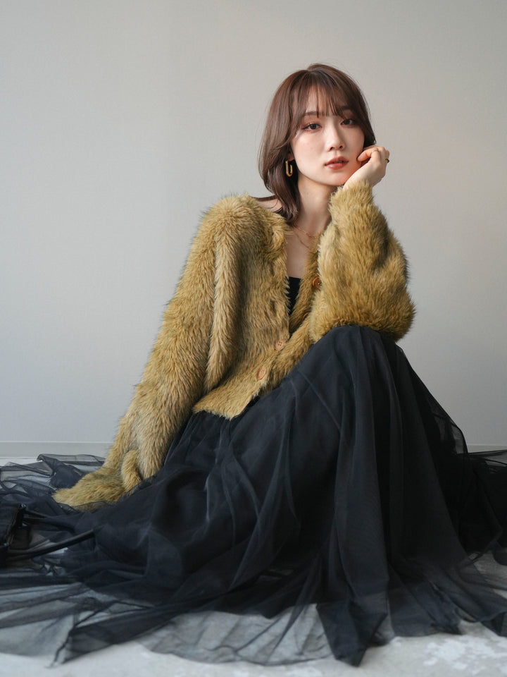 [予約]ミックスシャギーショートニットカーディガン/green