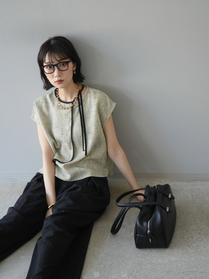 [SET]サマーツイードケープデザインプルオーバー+クレープシフォンタックワイドパンツ(2set)