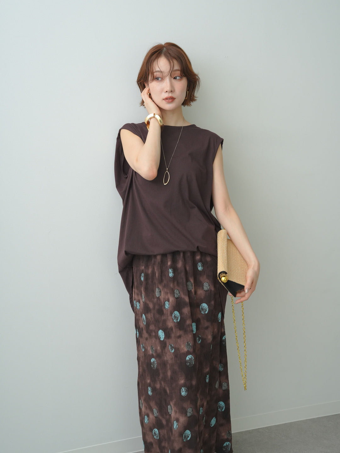 [予約]オーバーサイズノースリカットソー/brown