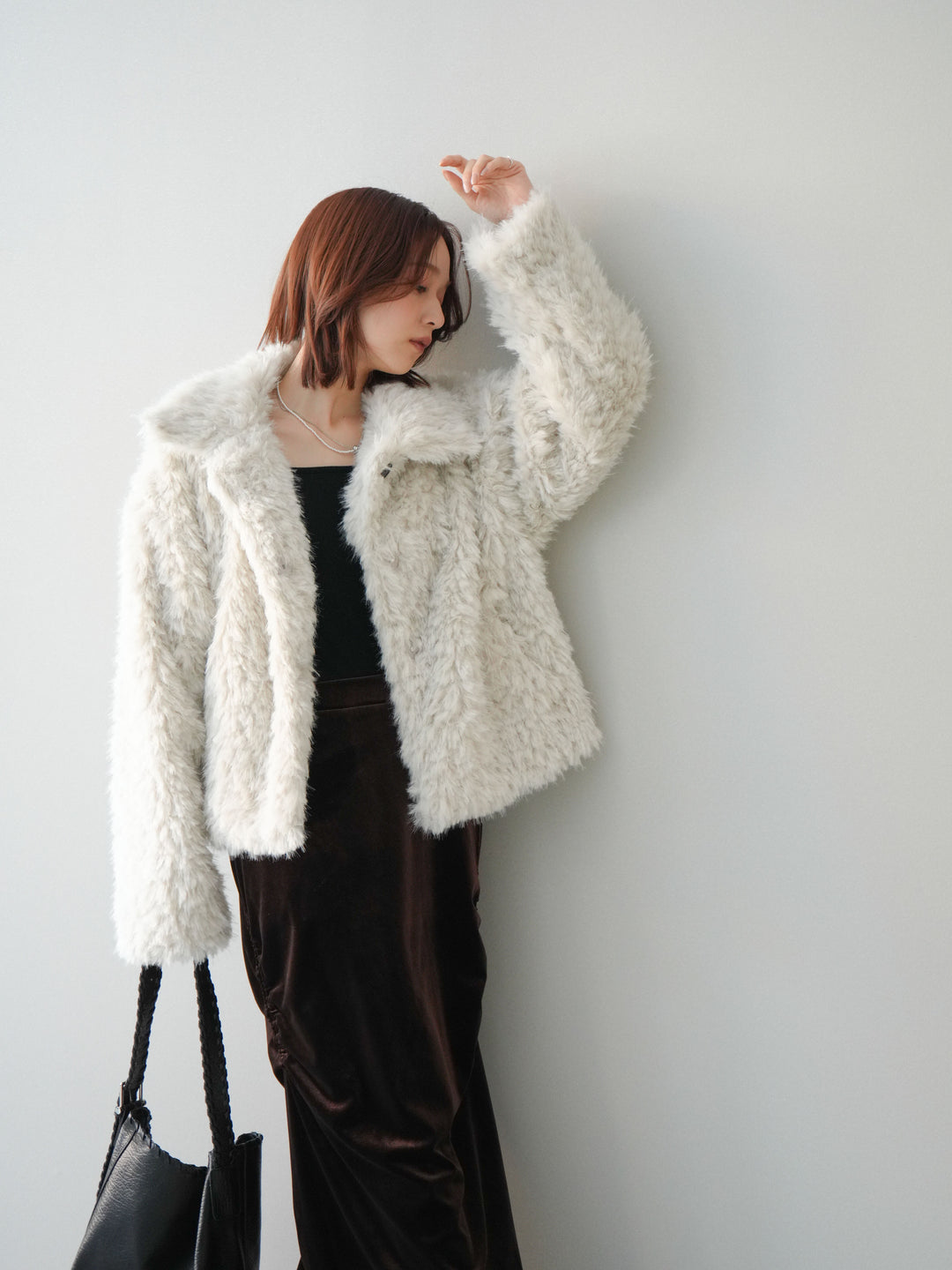 [SET]フェイクファー襟付きショートブルゾン+ギャザーベロアスカート(2set)