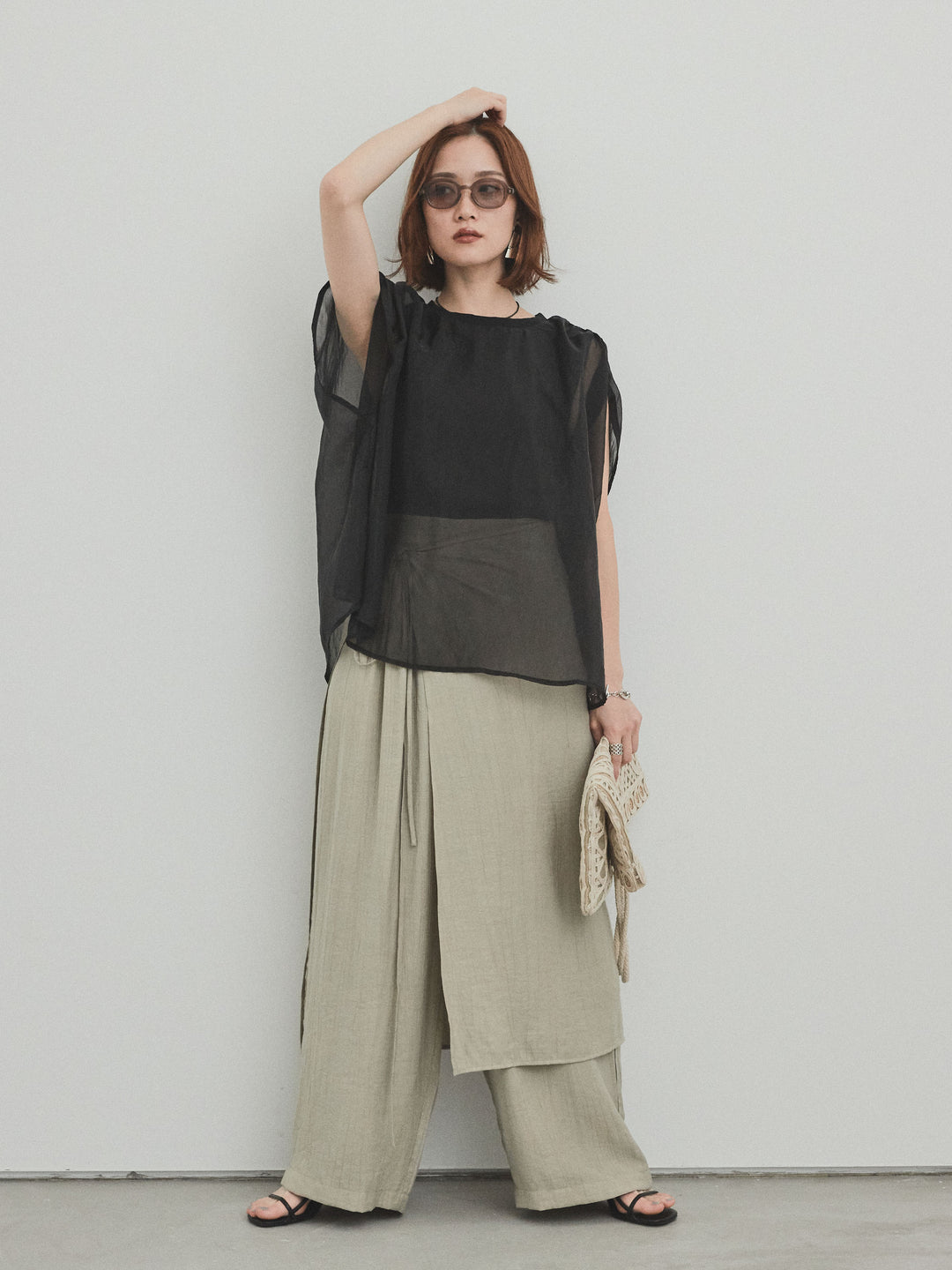 [予約]ワッシャーサテンレイヤードスカートパンツ/カーキベージュ