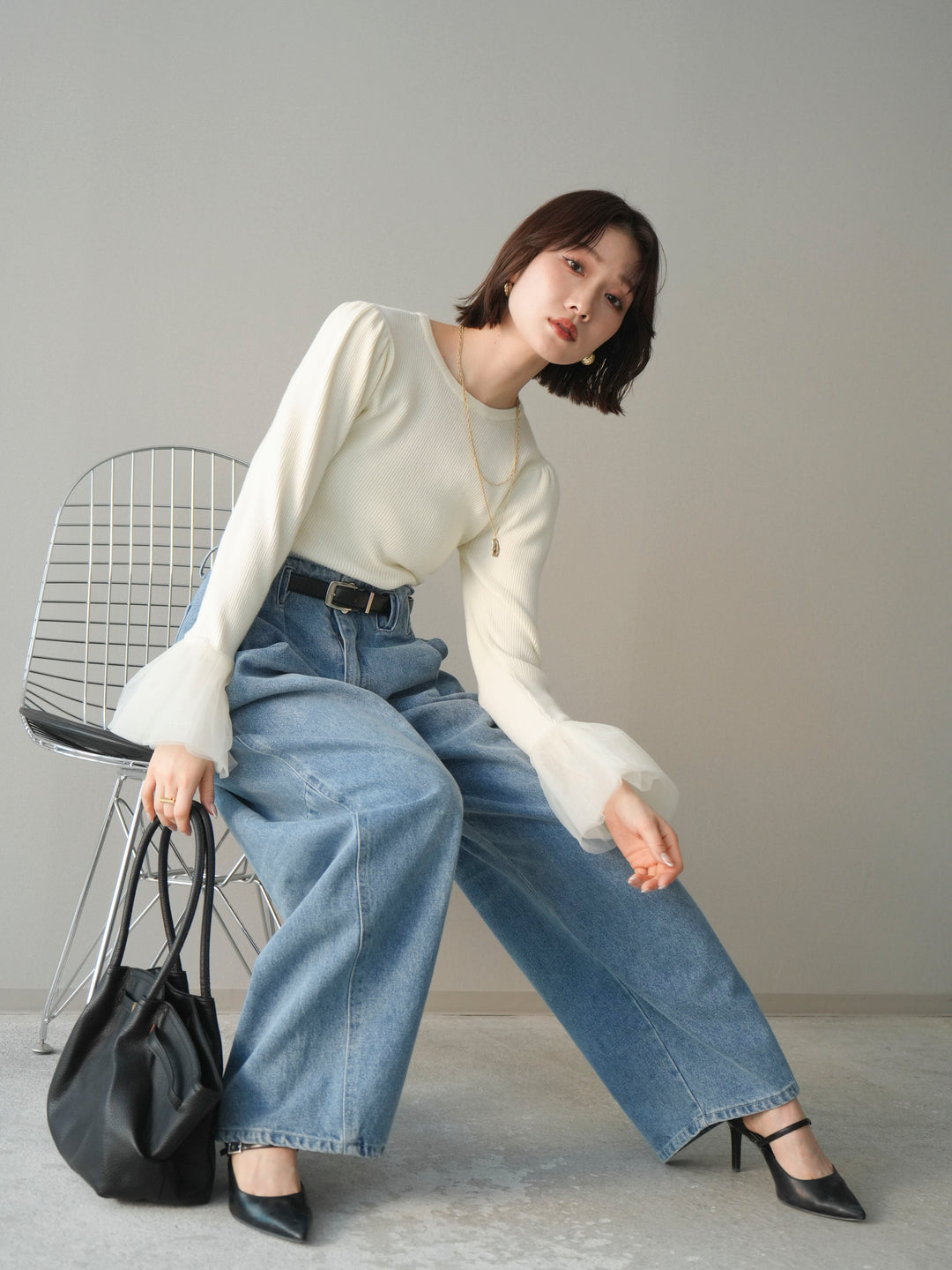 [SET]袖チュールパワショルリブニットトップス+袖チュールパワショルリブニットトップス(2set)