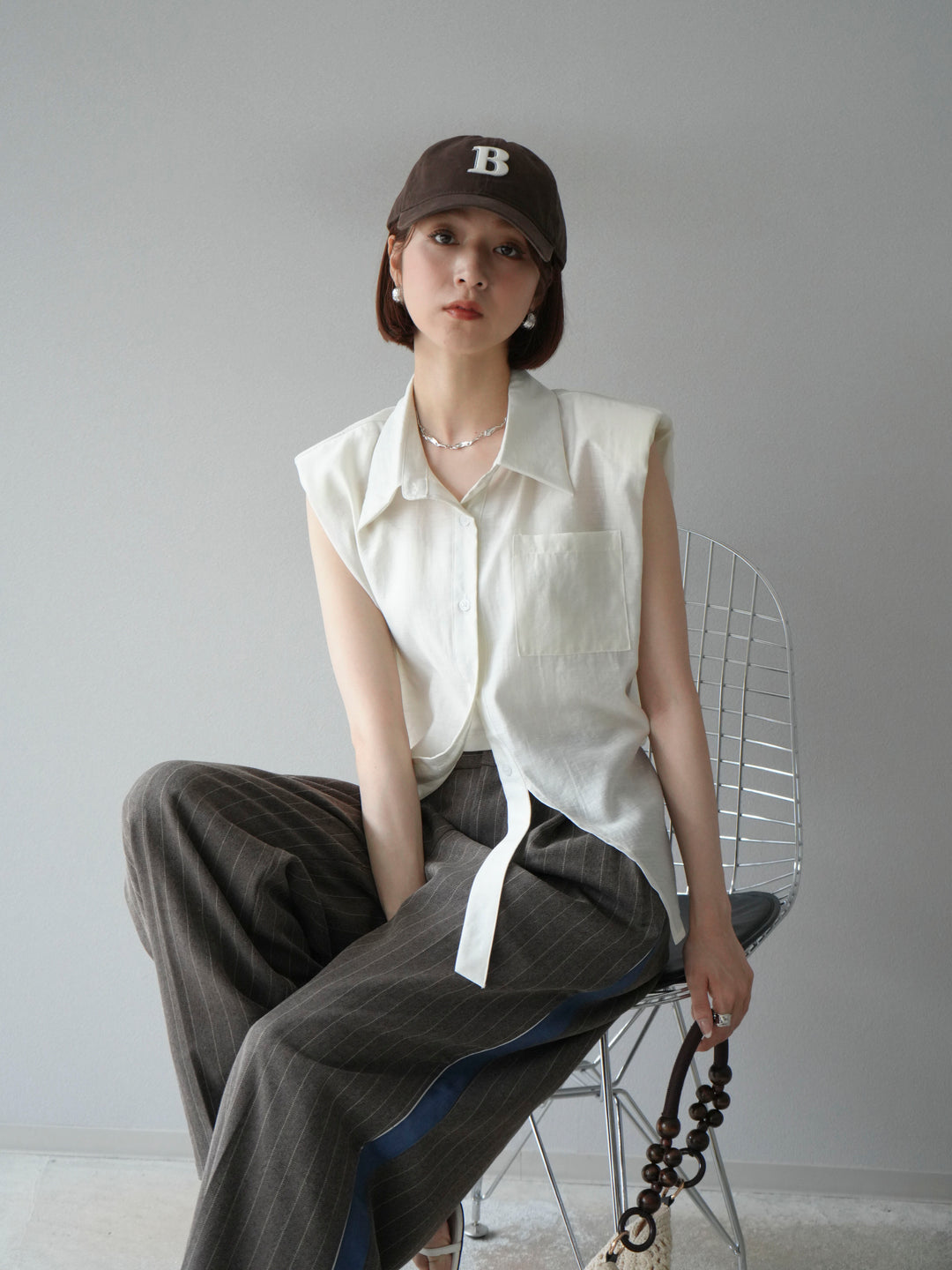 [予約]サイドラインストライプワイドパンツ/ブラウン