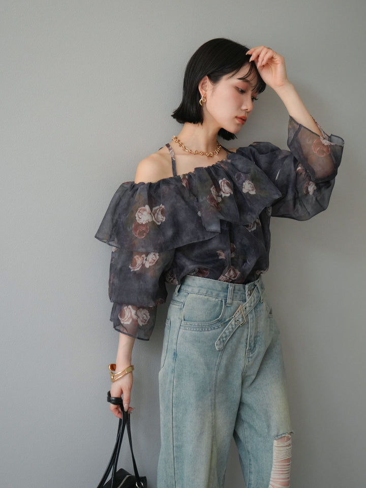 【預購】花朵露肩襯衫/藏青色