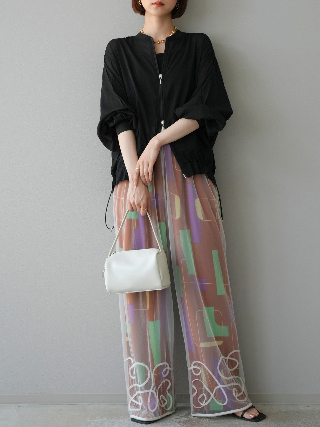 [予約]コード刺繍チュールレイヤードパンツ/オフ