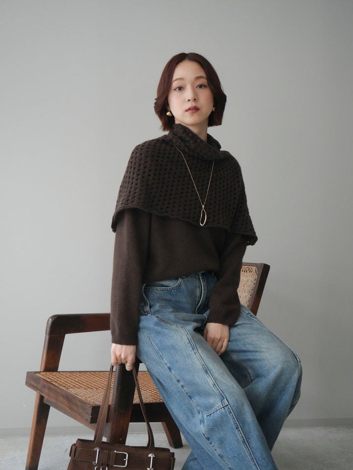 [予約]メッシュケープアンサンブルニットプルオーバー/brown