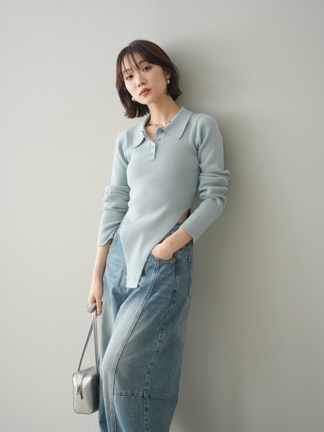 [予約]リブポロニットボディスーツ/blue