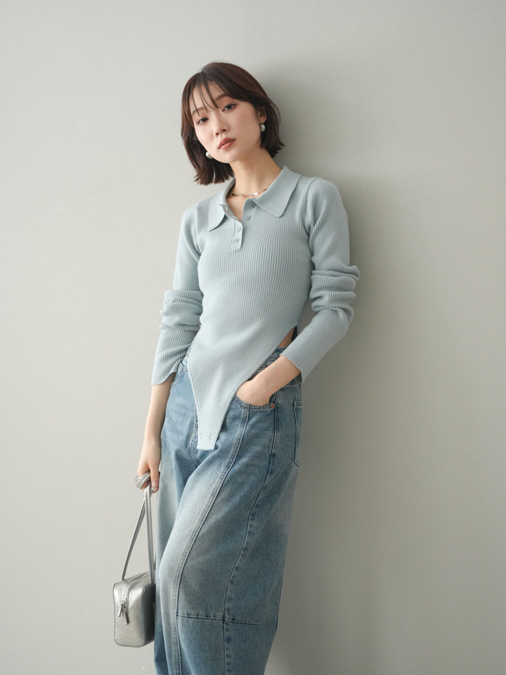 [予約]リブポロニットボディスーツ/blue