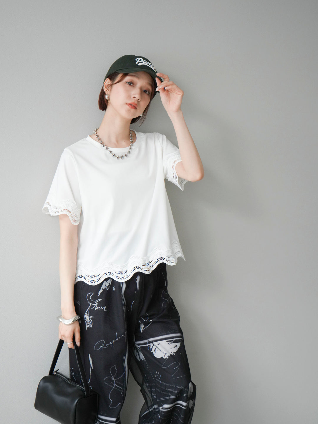 [SET]レース切替カットソー+コード刺繍チュールレイヤードパンツ(2set)