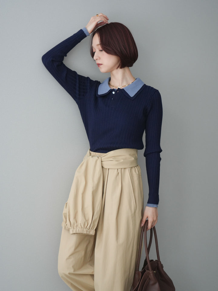 [SET]ダブル襟ポロリブニットトップス+選べるアクセセット(2set)