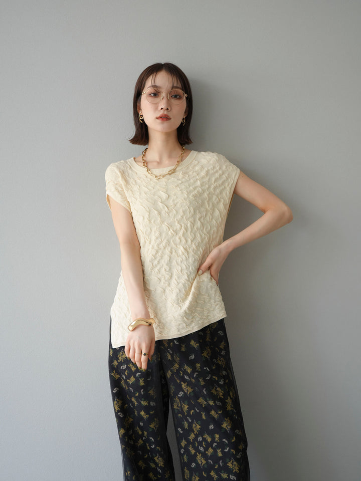 [SET]ポコポコノースリーブニットプルオーバー+コード刺繍チュールレイヤードパンツ(2set)