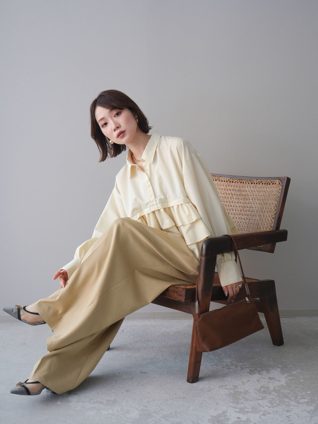 [SET]ブロードティアードショートシャツ+TRツイルデザインタックワイドパンツ(2set)