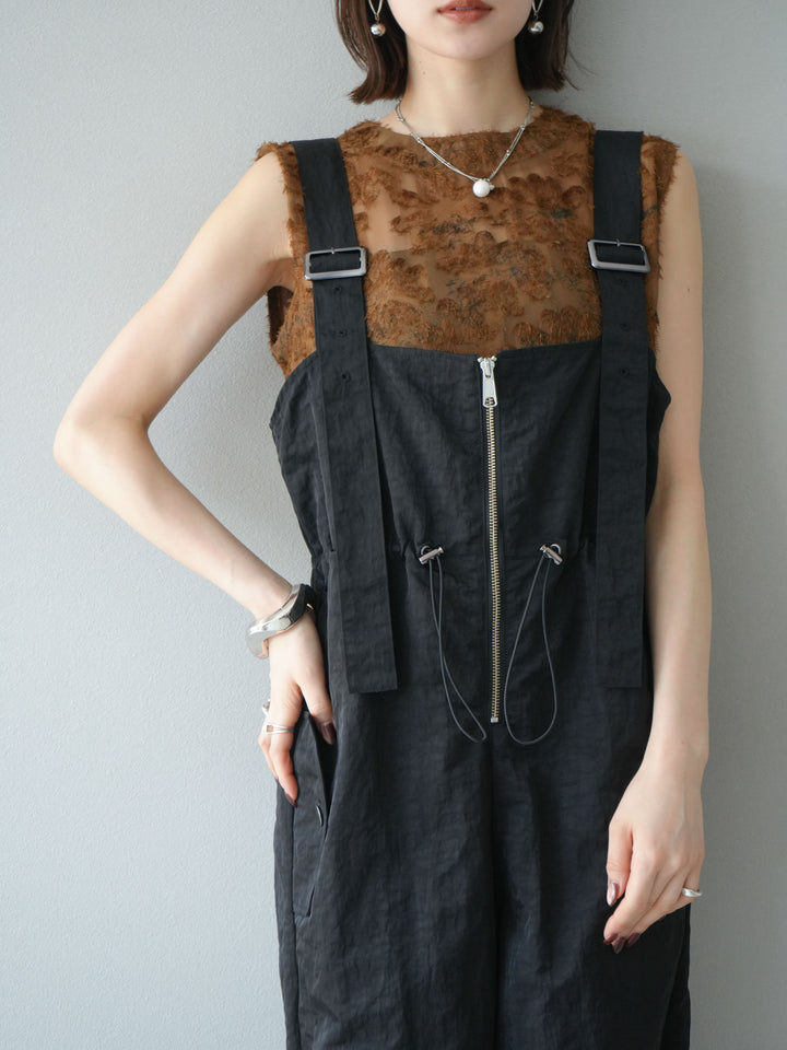 [予約]ナイロンタックデザインサロペット/ブラック