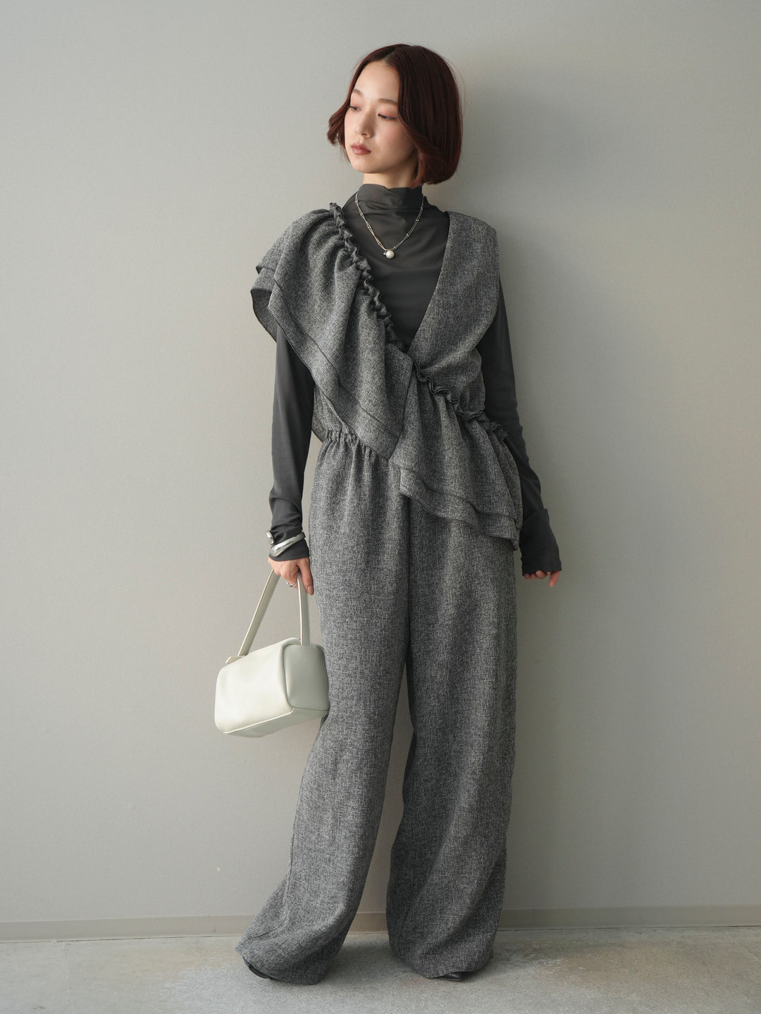 [SET]3WAYミックスツイードギャザーオールインワン+シアープチネックストレッチトップス(2set)